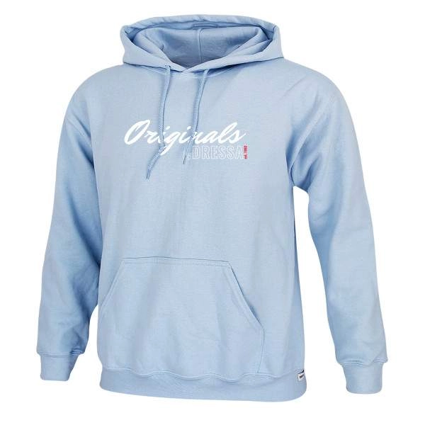 Dressa Originals feliratos kenguruzsebes pamut kapucnis pulóver – világoskék