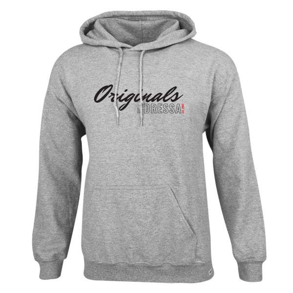 Dressa Originals feliratos kenguruzsebes pamut kapucnis pulóver – melírszürke