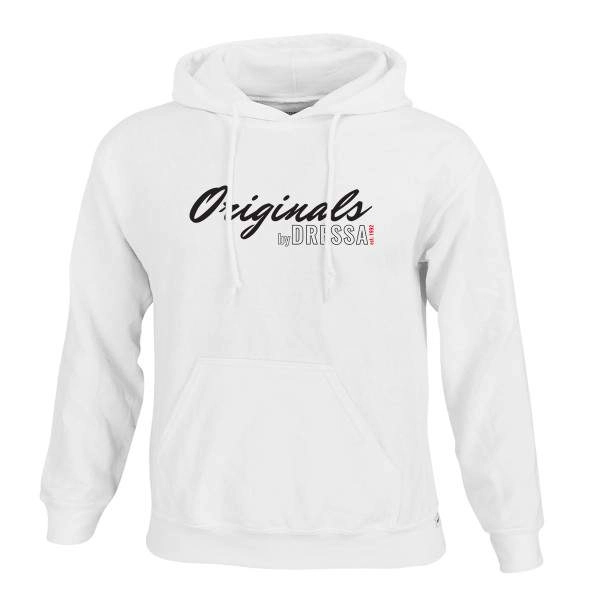 Dressa Originals feliratos nagyméretű kenguruzsebes pamut kapucnis pulóver – fehér